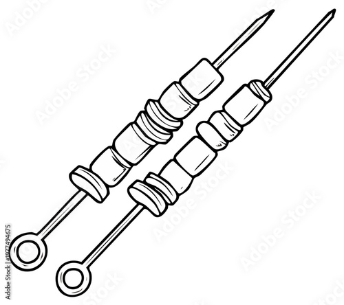 Line Art Illustration of Two Kebab Skewers with Meat and Vegetables