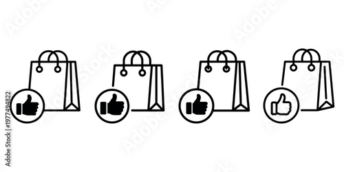 Shopping bag with thumbs up icon collection for ecommerce high quality product rating and buyer satisfaction evaluation in black outline vector style