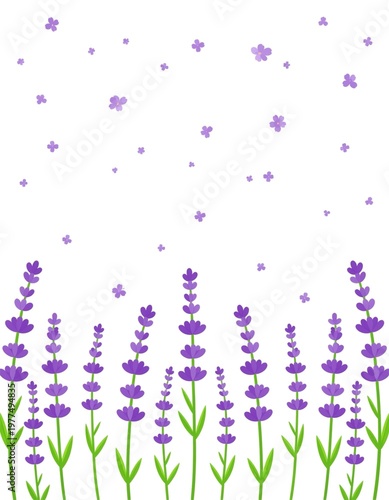 Purple lavender flowers border isolated on white background, botanical floral frame with copy space, digital illustration, generative AI