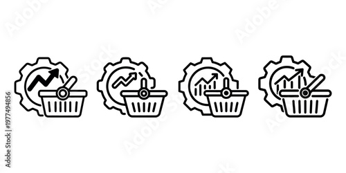 Market growth analysis icons featuring shopping basket gear and rising arrow chart for retail performance optimization and sales data monitoring systems