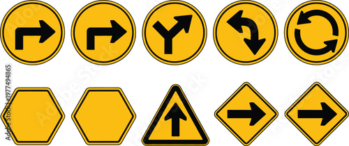 Directional arrow road sign icon set, yellow traffic direction indicators with navigation pointer symbols for route guidance signage and transportation design.