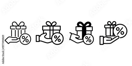 Gift box with percentage discount and hand icons for promotional holiday offers and marketing loyalty rewards programs in thin line black outline style