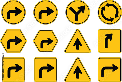 Directional arrow road sign icon set, yellow traffic direction indicators with navigation pointer symbols for route guidance signage and transportation design.