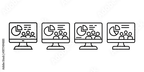 Computer monitor screen with pie chart and people group icons for business presentation data visualization and team meeting analysis reports in outline