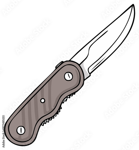 Cartoon illustration of an open folding pocket knife with a steel blade and handle