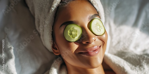 Radiant young woman with towel on head using cucumber slices for eye treatment to reduce puffiness and hydrate skin, joyful expression during beauty procedure in bright natural sunlight.