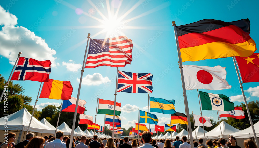 Obraz premium International flags waving in the sun at cultural festival event 