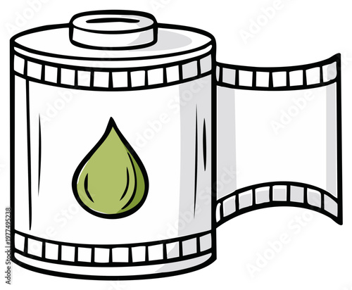 Cartoon Retro Film Canister and Unrolled Strip with Green Droplet Icon Illustration