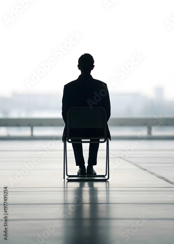 Person in dark suit sitting alone on chair in minimalistic bright interior, centered against reflective floor, symbolizing solitude, symmetry, and modern contemplative design