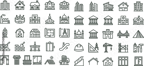 Architecture construction outline vector icon set featuring buildings infrastructure landmarks engineering structures housing projects and urban development applications