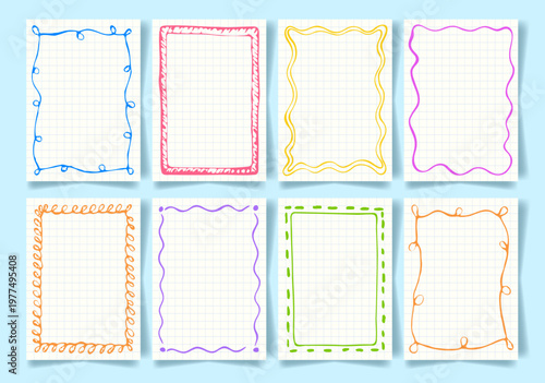 Background Set with Hand Drawn Frames and Notebook Paper. Color Hand Drawn Template with Copy Space for Quote Cover Poster Social Media. Childrens Day. Back to School. Universal Doodle Frame Template