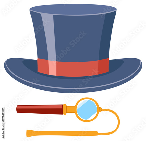 Vintage gentleman accessories with a blue top hat and monocle vector illustration