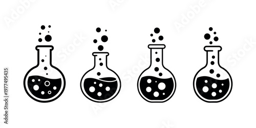 Flask with liquid and bubbles science experiment icon set, chemistry laboratory glass sign, scientific research concept vector illustration