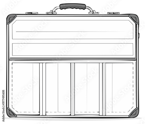 Open brief case with organized compartments and metal accents