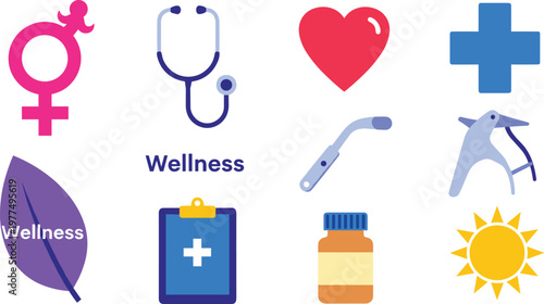 Health and Wellness Icon Set for Medical Care, Gender Health, Wellness Monitoring, and Treatment Tools
