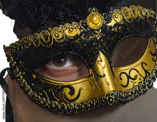 Ornate black and gold eye mask with feathers and gem