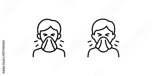 Man sneezing icon set person covering mouth with tissue symbol for cold flu or allergy symptom line art vector
