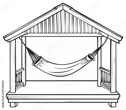 Black and white illustration of an empty hammock on a wooden porch