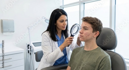 Dermatologist examining teen skin with magnifying light