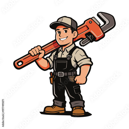 Bold vector illustration of a friendly full body plumber mascot holding a large pipe wrench, designed in a clean and professional branding style.