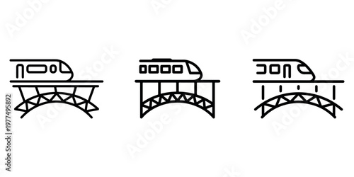 Train on bridge icon collection representing modern railway transportation and city infrastructure with high speed locomotives traveling across viaducts