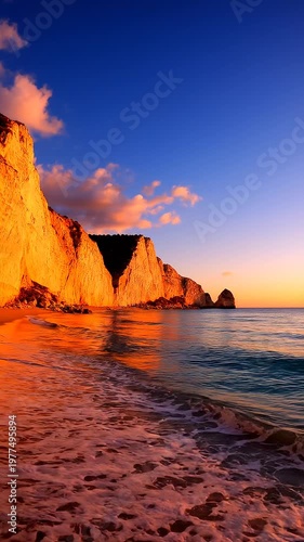 A serene beach scene at sunset with warm orange light casting on cliffs and sand