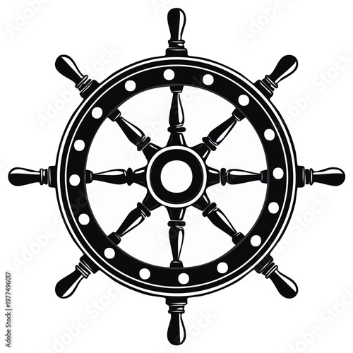 Classic nautical ship's wheel helm with spokes and handles, black and white
