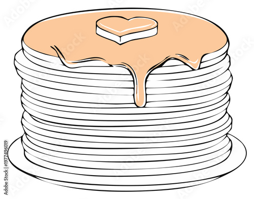 Tall stack of pancakes with dripping syrup and heart shaped butter cartoon line art illustration