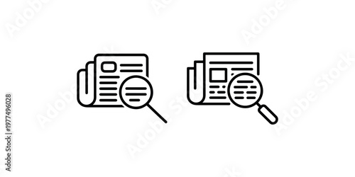 News article searching magnifying glass icons showing content analysis and research for information discovery and media investigation