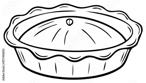 Black and white line art illustration of a classic whole homemade pie with a decorative crimped crust in a baking dish ready for serving