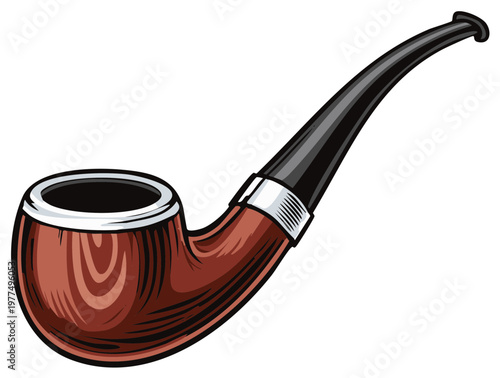 Illustration of a Vintage Tobacco Pipe with Wooden Bowl and Black Stem