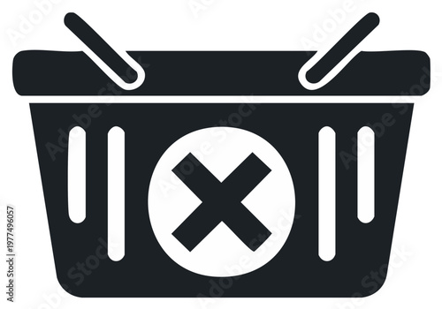 Black shopping basket with a white X symbol indicating prohibition or removal item concept