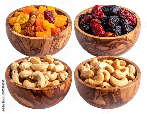 Four wooden bowls filled with assorted dried fruits and nuts (1)