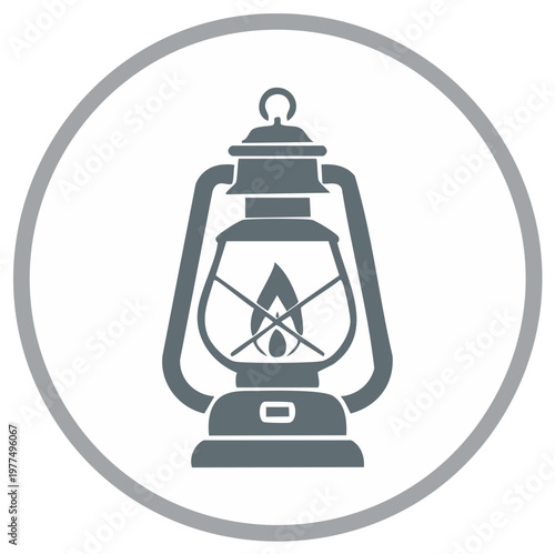 Gray Lantern with Flame Icon Vintage Lamp Oil Kerosene Lighting Symbol