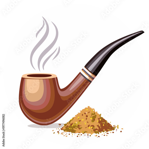 Smoking tobacco pipe with smoke and loose tobacco, a classic and vintage lifestyle item in vector illustration