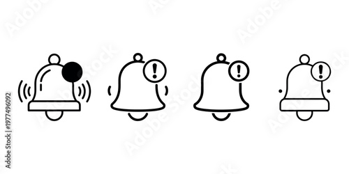 Bell notification icon set showing various alert states including ringing motion with alert badges and simple flat line design for user interface mobile