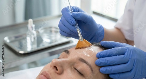 Professional chemical peel application on patient forehead