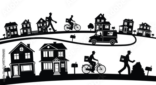 Delivery services in a quaint town featuring figures and buildings silhouette