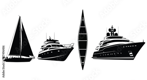 Black silhouettes of various boats and ships against a white background silhouette