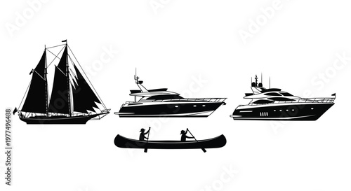 Variety of water vessels including sailboats yachts and a canoe silhouette