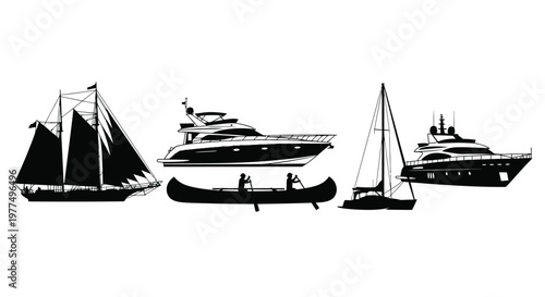 Various boats and vessels depicted in a striking black silhouette