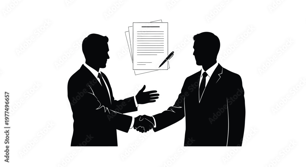 Fototapeta premium Two men shaking hands before documents representing a business agreement silhouette