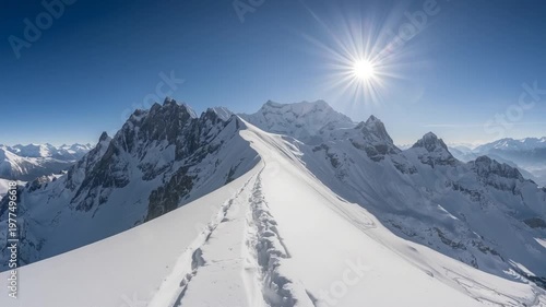 A lone set of footprints leads along a narrow snowy ridge towards majestic snow-covered mountains under a bright sunburst sky Keywords: mountain, snow, ridge, peak, summit, winter, landscape
