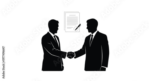 Two businessmen shaking hands over a document a formal agreement silhouette