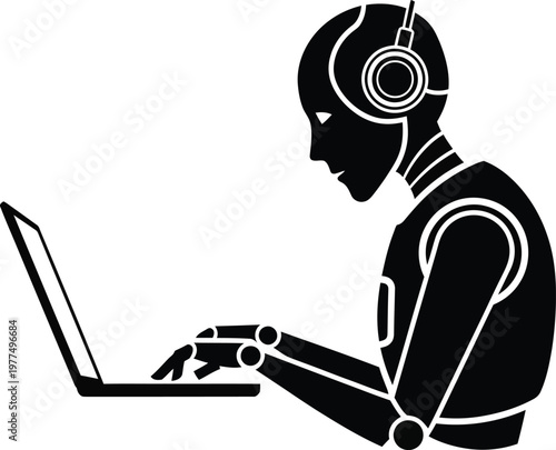 Robot, humanoid bot, computer worker, black and white icon, technology vector
