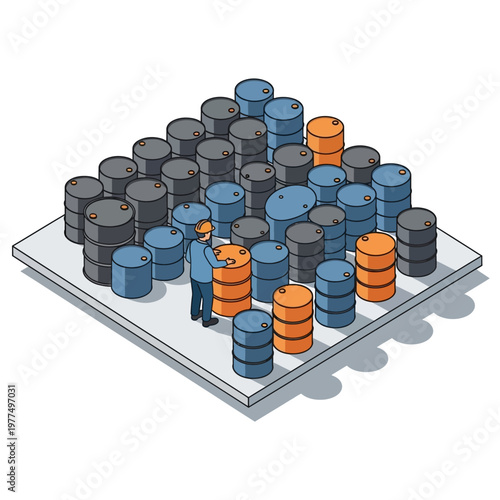 Isometric Oil Worker Organizing Oil Storage Barrels