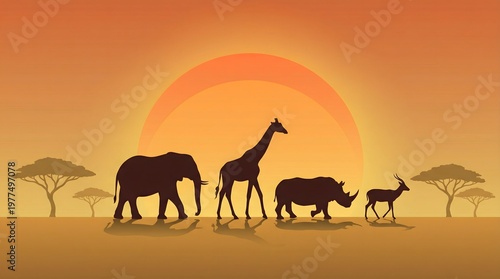 Safari animals, wildlife silhouettes, sunset savannah, African landscape