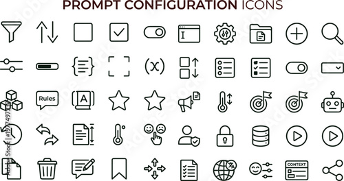 Prompt configuration outline vector icon set for workflow settings validation interfaces analytics dashboards controls and digital technology applications