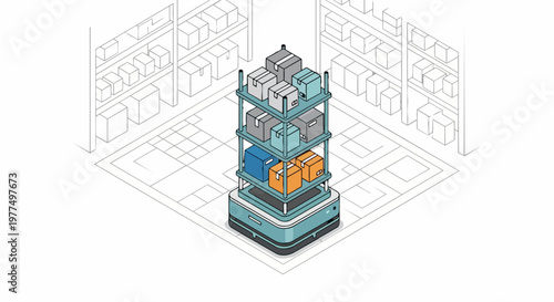 Autonomous Warehouse Robot Transporting Cargo in Smart Logistics Center, Isometric Vector Illustration of Industrial Automation and AGV Technology