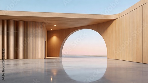 Minimalist Arch Building with Reflective Floor
